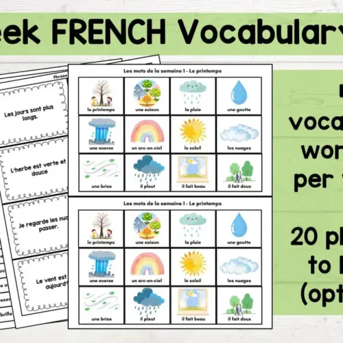 1. French vocabulary unit for homeschooling, includes 48 essential words with images, phrases, and optional sentences to enhance bilingual learning for children.
