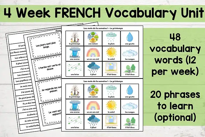 French spring vocabulary 1. French vocabulary unit for homeschooling, includes 48 essential words with images, phrases, and optional sentences to enhance bilingual learning for children.