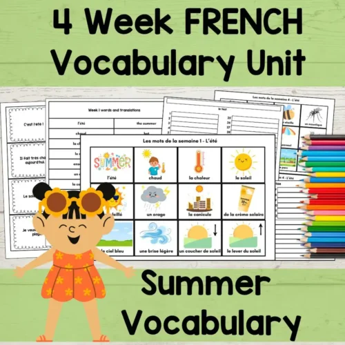 Kids doing French summer vocabulary activities including words for weather, seasons, and summer-related items, designed for homeschool learning and language immersion.