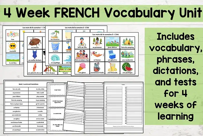 French summer vocabulary French vocabulary unit, 4-week homeschool course for children, educational printables, community-focused learning resources, homeschool curriculum, language learning tools, homeschooling in my community, classroom activities, ESL teaching aids, bilingual education materials.
