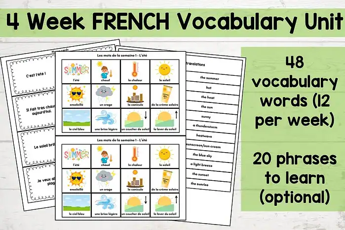 French summer words 1. French vocabulary unit includes phrases, tests, and dictations for 4 weeks of homeschool learning, perfect for language learners.