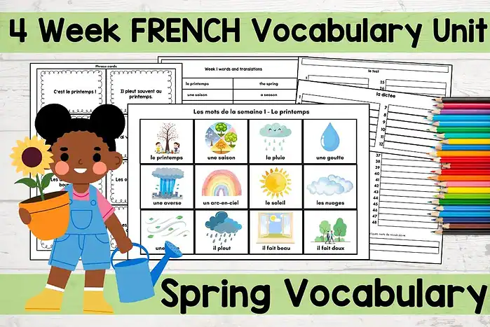 French vocab spring Bright cartoon girl holding a sunflower and watering can, spring-themed educational materials for homeschooling, French vocabulary unit for kids, colorful illustrated flashcards for language learning.