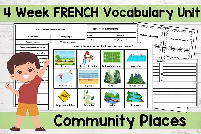 Le parc, le terrain de jeu, terrain de sport, piscine, patinoire, plage, forêt, montagne, piste cyclable, sentier, lac, rivière - French vocabulary unit for homeschool community places.