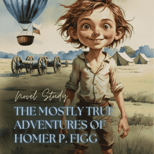Homer-P-FIgg.png Bright animated illustration of a young boy with wild hair smiling in a rural setting with a hot air balloon, tents, and cannons, ideal for homeschool and literature resources.