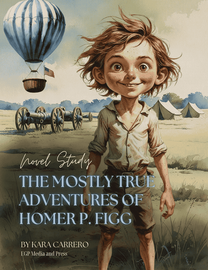 Homer-P-FIgg.png Bright animated illustration of a young boy with wild hair smiling in a rural setting with a hot air balloon, tents, and cannons, ideal for homeschool and literature resources.