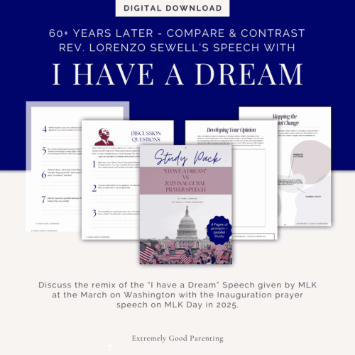 1. Homeschool educational resources featuring speech and debate study packs on MLK's "I Have a Dream" speech for homeschooling families and educators.