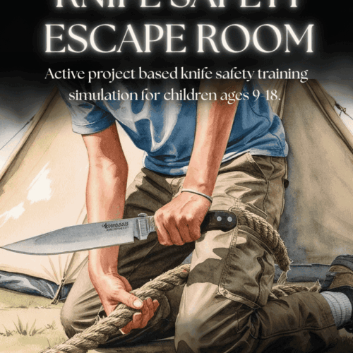 Knife safety escape room activity for children ages 9-18, homeschool resource, active project-based knife safety training simulation.