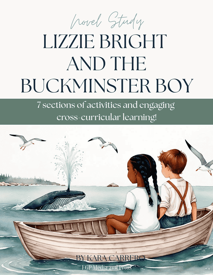 Lizzie-Bright-and-the-Buckminster-Boy-1.png Seaside children reading a book about whales on a boat, engaging in homeschool curriculum about marine life and cross-curricular activities for homeschooling families.