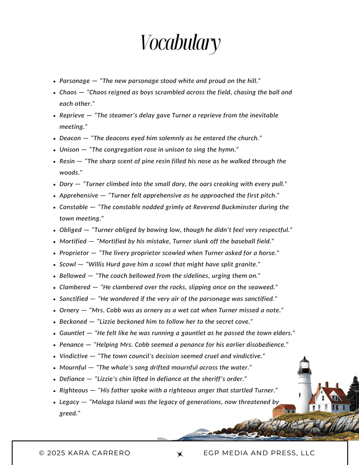 Lizzie-Bright-and-the-Buckminster-Boy.zip-7.png 1. Guided homeschool vocabulary list featuring words like parsonage, chaos, reprove, deacon, unison, resin, Dory, apprehensive, constable, obliged, mortified, proprietor, scowl, bellowed, clamored, sanctified, ornery, beckoned, gauntlet, penance, vindictive, mournful, defiance, righteous, legacy for homeschool education.