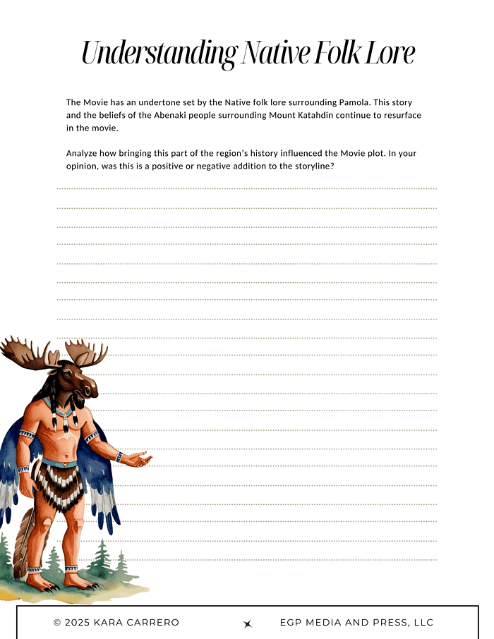 Lost-on-a-Mountain-in-Maine.zip-25.png Native American folklore illustration with a moose humanoid character, colorful feathers, and traditional attire for homeschool curriculum on Native folklore education.