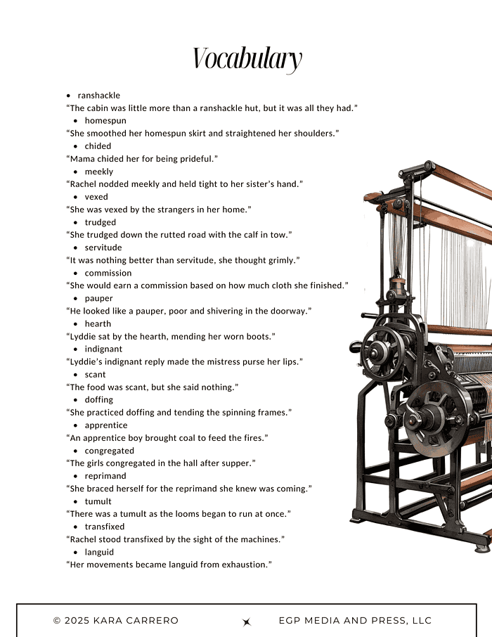 Lyddie-Novel-Study.zip-12.png Inspiring homeschool vocabulary learning resource with definitions and a vintage loom image for homeschooling, language arts, and literacy development.