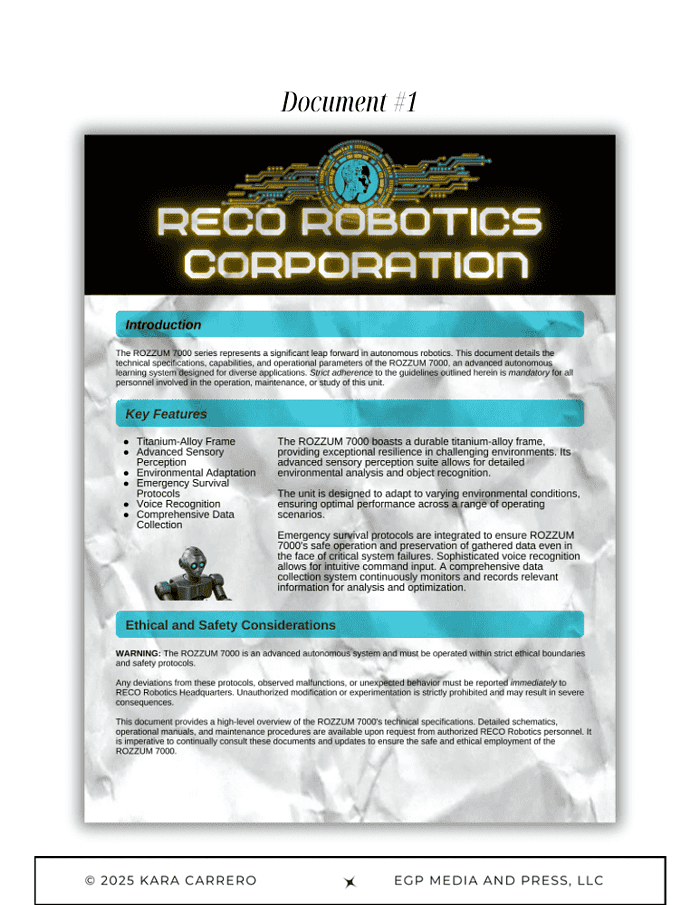 Mock-Primary-source-documents.pdf-30.png RECO Robotics Corporation promotional document showcasing advanced autonomous robotics featuring titanium-alloy frame, sensory perception, environmental adaptation, and safety protocols for STEM and robotics education.