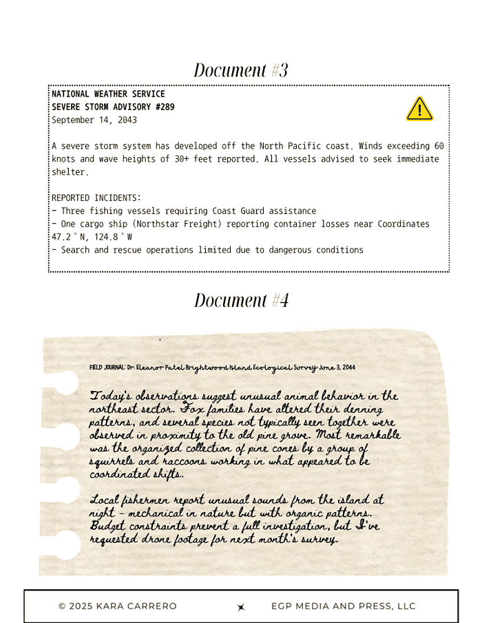 Mock-Primary-source-documents.pdf-32.png Severe weather warning and storm advisory notice from the National Weather Service, alerting of high winds and dangerous conditions off the North Pacific coast on September 14, 2043.