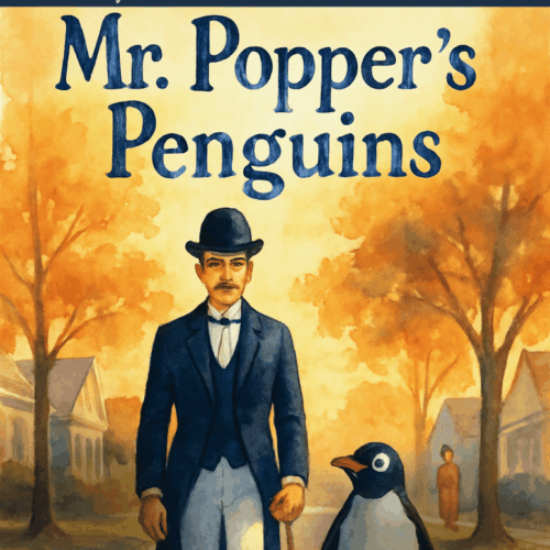 Aman in vintage attire walking a penguin in an autumn neighborhood, illustrating a project-based learning unit on Mr. Popper's Penguins for homeschooling.