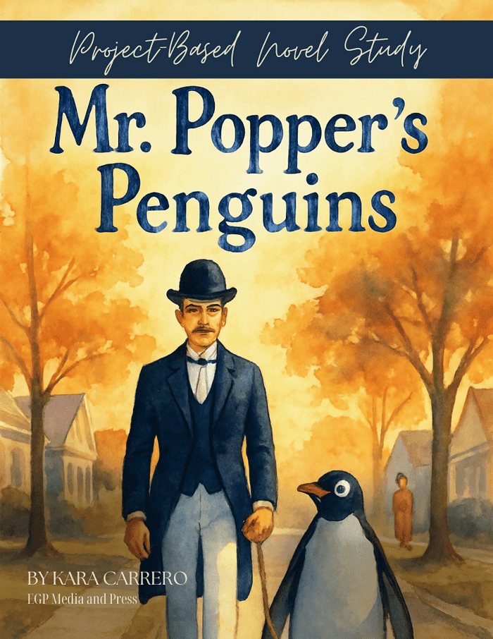 Mr-Poppers-Penguins-Novel-Study.png-.png Aman in vintage attire walking a penguin in an autumn neighborhood, illustrating a project-based learning unit on Mr. Popper's Penguins for homeschooling.