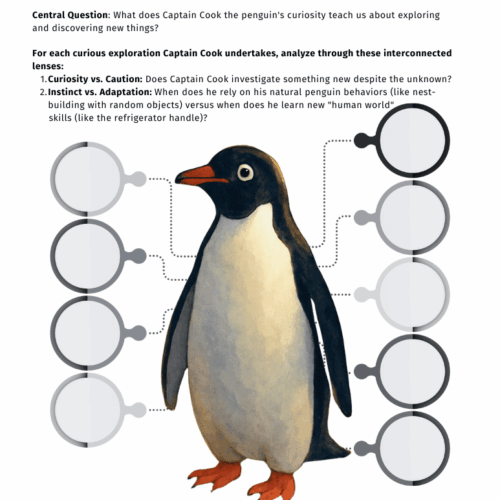 1. Close-up educational illustration of a penguin used for homeschooling science lessons, highlighting curiosity and adaptation in nature.