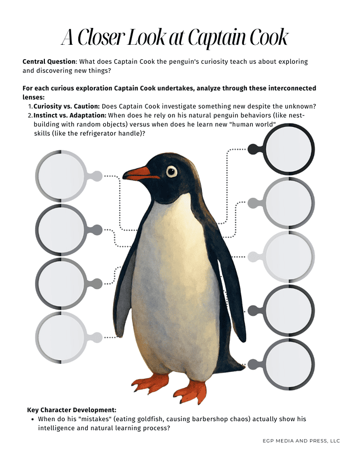 Mr-Poppers-Penguins-activities.png 1. Close-up educational illustration of a penguin used for homeschooling science lessons, highlighting curiosity and adaptation in nature.