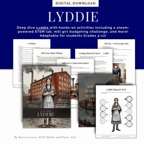 Pollyanna-Novel-Study-with-STEM-lab-1.png Lyddie homeschool STEM curriculum, history, character web, and hands-on activities for grades 3-12, promoting engaging home-based learning and comprehensive unit studies for homeschooling families.