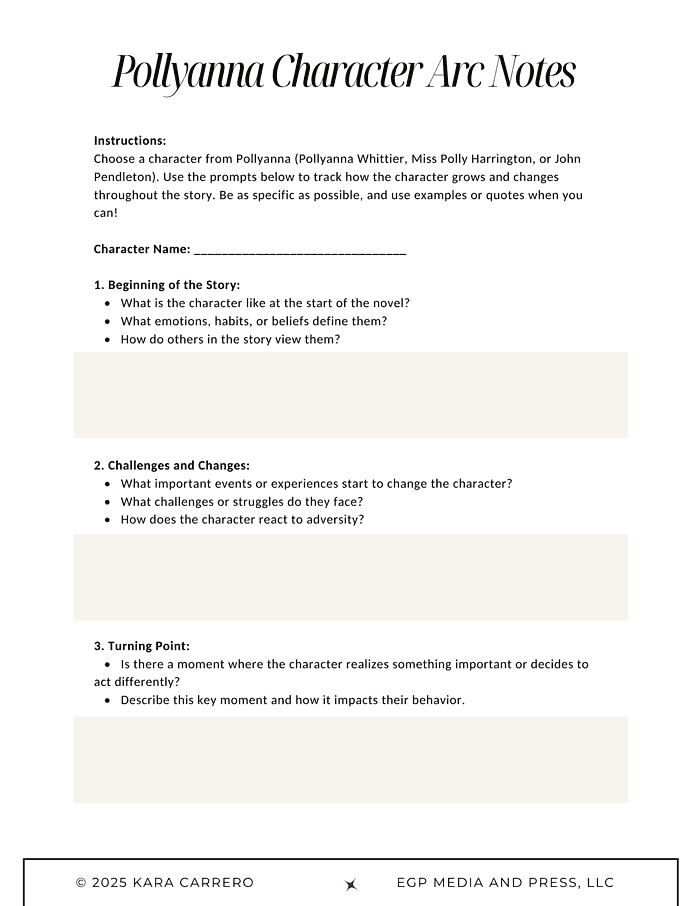 Pollyanna.zip-15.png 1. Printable Pollyanna character arc notes for homeschool literacy, focusing on character development, challenges, growth, and story turning points. Ideal for homeschooling and educational activities.