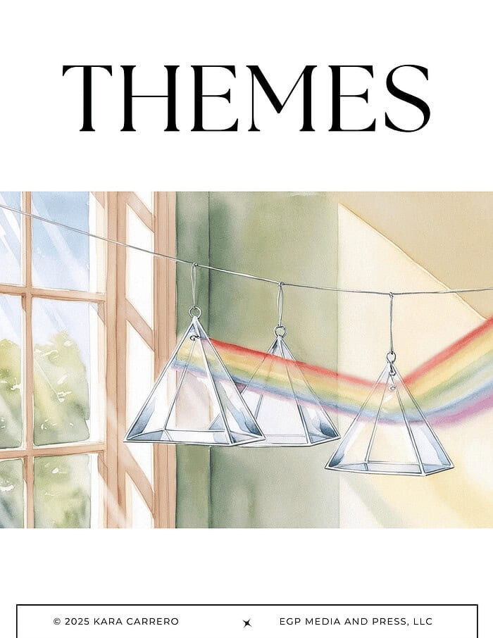 Pollyanna.zip-18.png Colorful rainbow and geometric glass pendant lights hanging in a bright homeschool classroom with large window, emphasizing themes of homeschooling resources, educational decor, and creative learning environments.