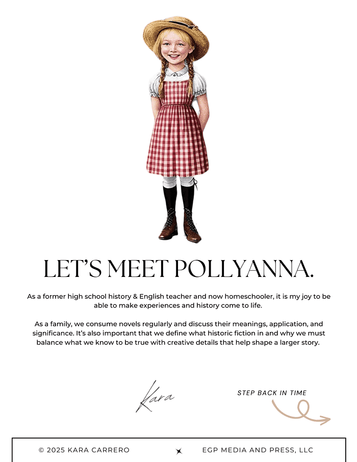 Pollyanna.zip-4.png Girl in historical costume with red gingham dress, straw hat, and riding boots, standing in homeschool setting, promoting educational resources for homeschooling and history-based learning.