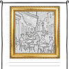 Post-Impressionist-Art-3.png A group of people sitting at outdoor cafe tables on a cobblestone street, enjoying conversation and drinks, with a cityscape backdrop, in a black and white line art style.