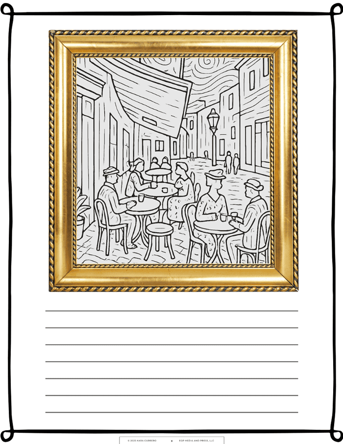 Post-Impressionist-Art-3.png A group of people sitting at outdoor cafe tables on a cobblestone street, enjoying conversation and drinks, with a cityscape backdrop, in a black and white line art style.
