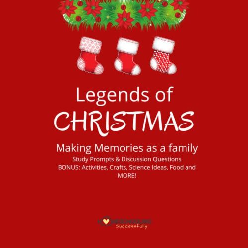 Bright red holiday-themed image featuring Christmas stockings hanging from a festive garland, promoting homeschool resources for creating memorable family Christmas activities, crafts, and science projects.