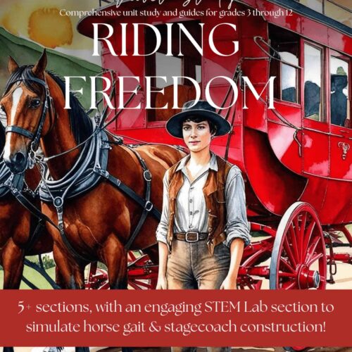 1. Horse-drawn stagecoach with a rider, colorful sky background, educational homeschool resource for grades 3-12, STEM lab activities, and unit study guide for homeschooling families.