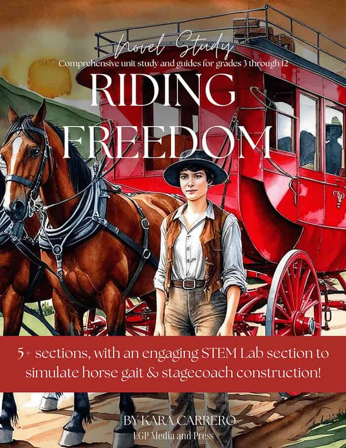 1. Horse-drawn stagecoach with a rider, colorful sky background, educational homeschool resource for grades 3-12, STEM lab activities, and unit study guide for homeschooling families.