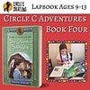 A young girl engaging in homeschooling activities with Circle C Adventures Book Four, designed for ages 9-13, featuring educational resources and curriculum components for homeschool families.