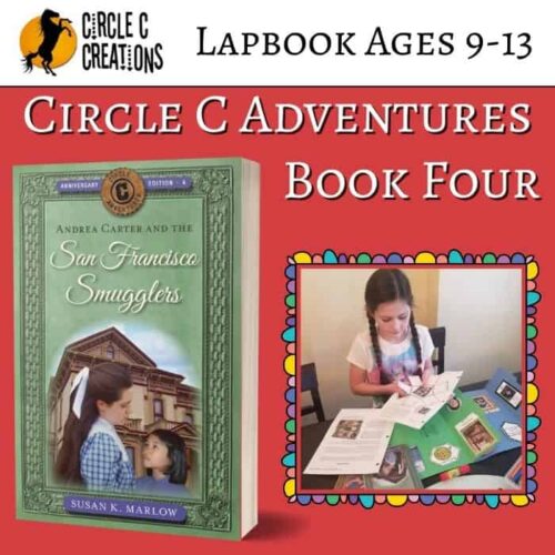 SFS1 lapbook A young girl engaging in homeschooling activities with Circle C Adventures Book Four, designed for ages 9-13, featuring educational resources and curriculum components for homeschool families.