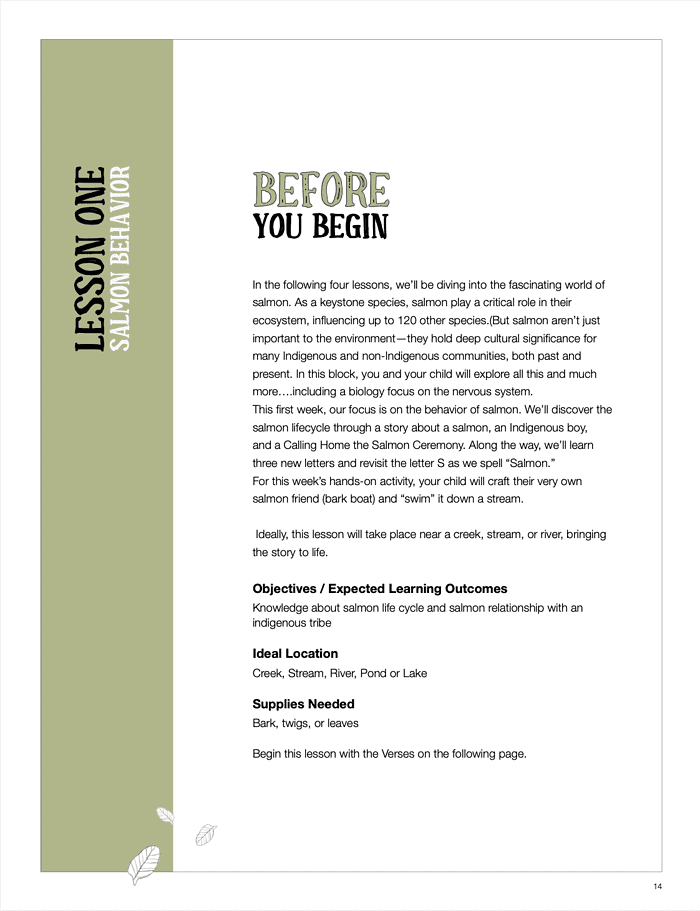 Salmon lesson cover Salmon educational lesson plan focusing on salmon life cycle, Indigenous culture, and hands-on activity with natural materials for homeschool science and biology.