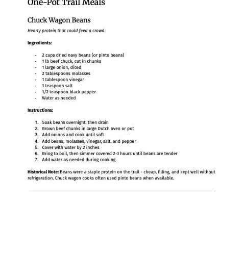 Softcover image of a homemade recipe card for Chuck Wagon Beans, a hearty homestead meal, showing ingredients and instructions for easy, nutritious homeschooling meal planning.