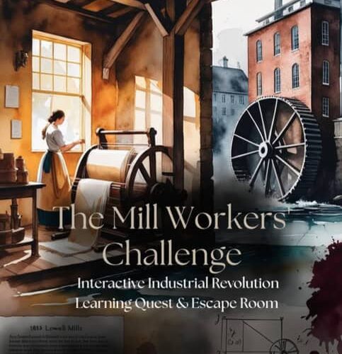 Vintage mill workers in a historical industrial setting with machinery and water wheel, emphasizing hands-on learning about the Industrial Revolution for homeschool education.