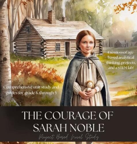 1. An illustration of a young girl in a cape holding a teddy bear outdoors in front of a log cabin, promoting homeschool resources with age-based analytical thinking projects and STEM activities.