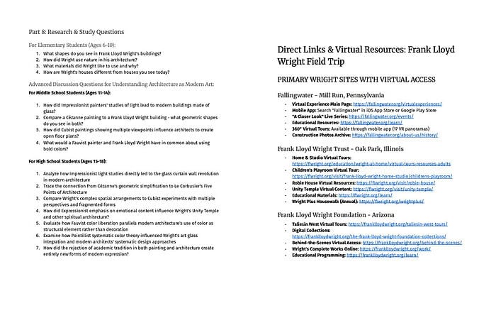 Screen-Shot-2025-08-29-at-3.19.46-PM.png Colorful homeschool field trip at Frank Lloyd Wright's famous Fallingwater in Pennsylvania, with virtual access links for immersive learning experiences and family educational resources.