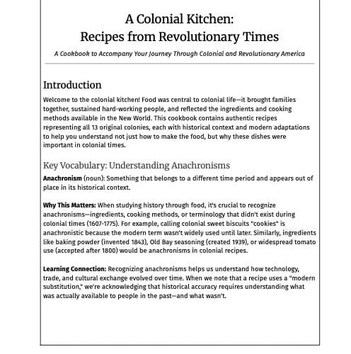 A colonial kitchen with vintage cookware and historic recipes, illustrating the Revolutionary era for homeschooling history lessons.