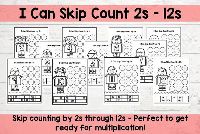 Skip count practice Skip counting by 2s to 12s, engaging worksheets for homeschool multiplication prep, perfect for early learners to strengthen skip counting skills in homeschooling settings.