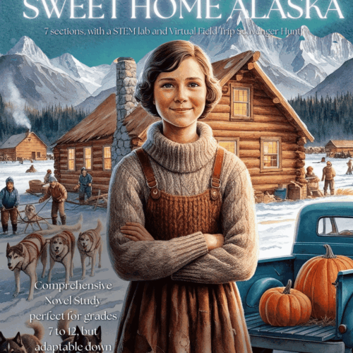 A portrait of a young girl in a cozy sweater and apron standing outdoors in front of a rustic Alaska homestead, with mountains, trees, huskies, and a blue truck loaded with pumpkins, perfect for homeschool STEM and novel study activities.
