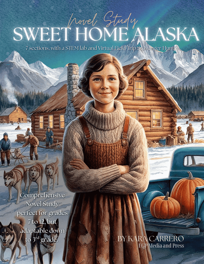 Sweet-home-Alaska.zip-1.png A portrait of a young girl in a cozy sweater and apron standing outdoors in front of a rustic Alaska homestead, with mountains, trees, huskies, and a blue truck loaded with pumpkins, perfect for homeschool STEM and novel study activities.