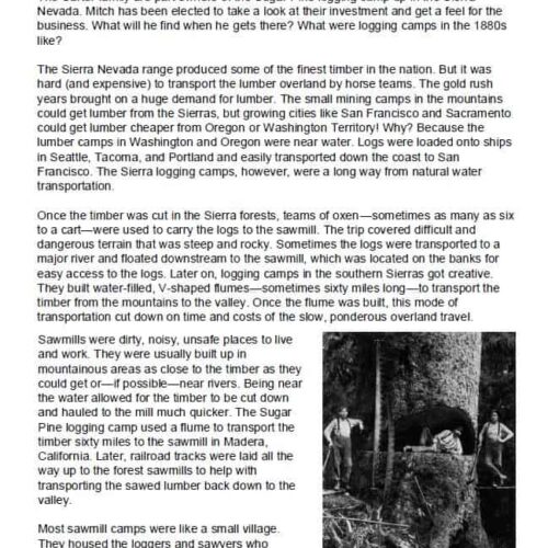 Logging camps in the 1800s with timber workers in Sierra Nevada, showcasing historic sawmill operations and logging methods. Perfect for homeschooling, history, and outdoor education resources.