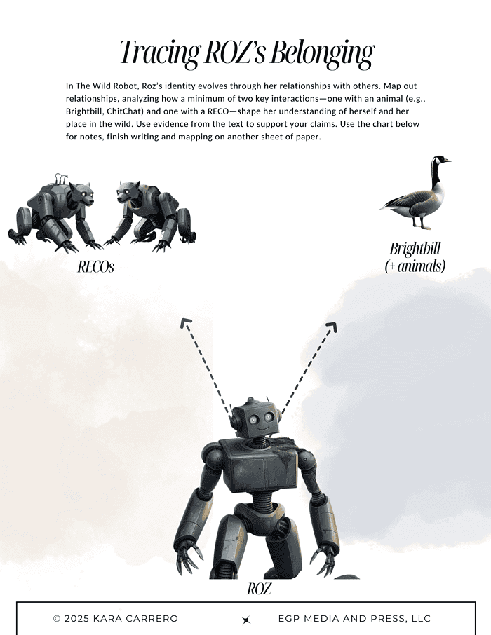 The-Wild-Robot.zip-17.png Insect robot and bird illustration showing relationships between robots (RECOs and Roz) and animals for educational purposes in homeschool science curriculum.