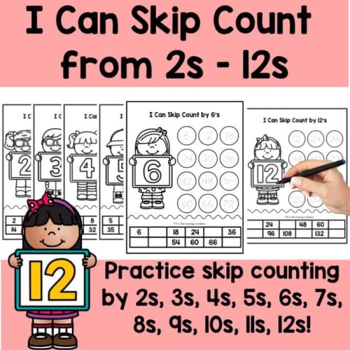 Skip Count from 2s to 12s printable math worksheets for homeschool, targeting early learners, practicing skip counting by 2s, 3s, 4s, 5s, 6s, 7s, 8s, 9s, 10s, 11s, 12s for homeschooling and educational activity centers.