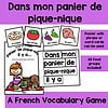 Un bilingual French vocabulary game about food, featuring food flashcards and phrase cards for language learning; perfect for homeschoolers and language teachers.
