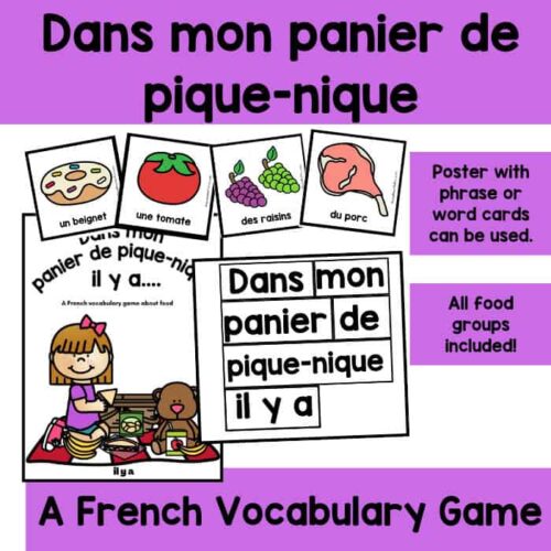 Un bilingual French vocabulary game about food, featuring food flashcards and phrase cards for language learning; perfect for homeschoolers and language teachers.