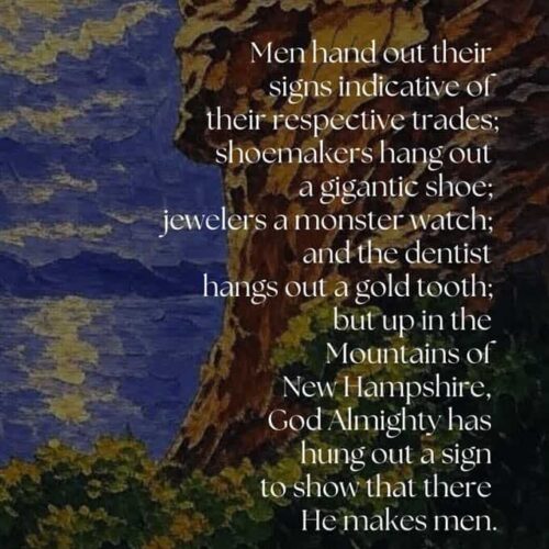 Men's hand signs indicating trades; shoemakers, jewelers, dentists hang signs like shoes, watches, teeth, with mountainous scenery in New Hampshire representing God's signs of man's craftsmanship.