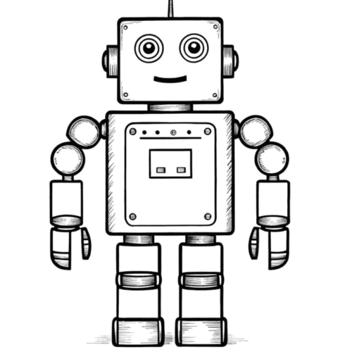 Cute black and white coloring page of a robot, ideal for homeschool activities and educational resources focused on STEM and robotics for children.