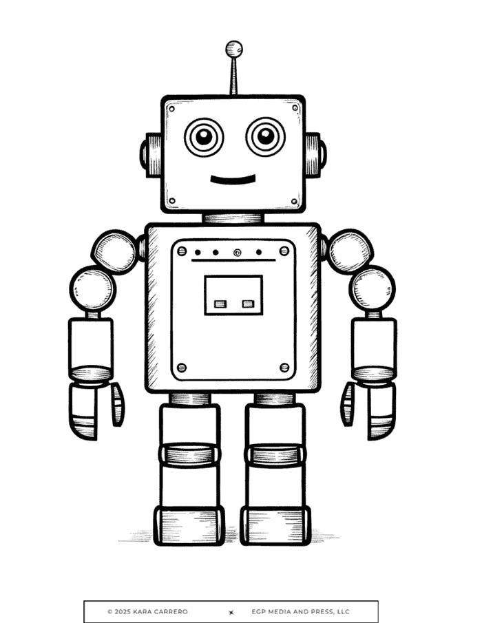 Cute black and white coloring page of a robot, ideal for homeschool activities and educational resources focused on STEM and robotics for children.
