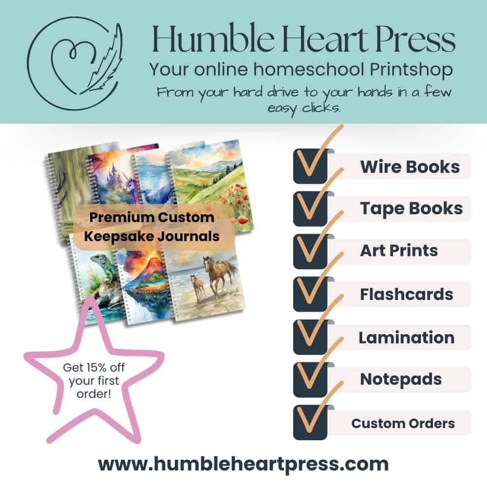 Custom homeschool printables, keepsake journals, art prints, flashcards, laminations, notepads, homeschool resources, online homeschool print shop, personalized educational materials.